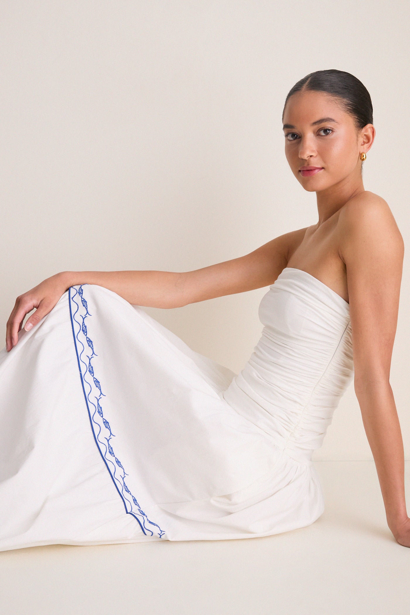 white and blue strapless dress Line & Dot Women's Oia Strapless Maxi Dress - White