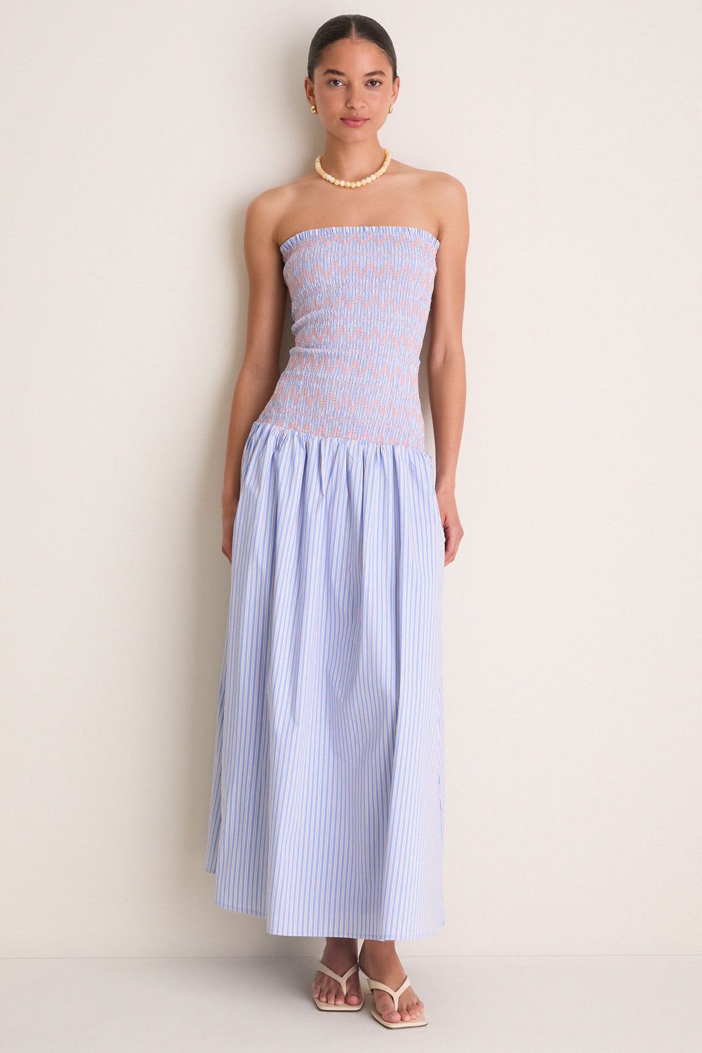Blue Multi Eleni Smocked Midi Dress | Line & Dot Blue Multi Eleni Smocked Midi Dress | Line & Dot