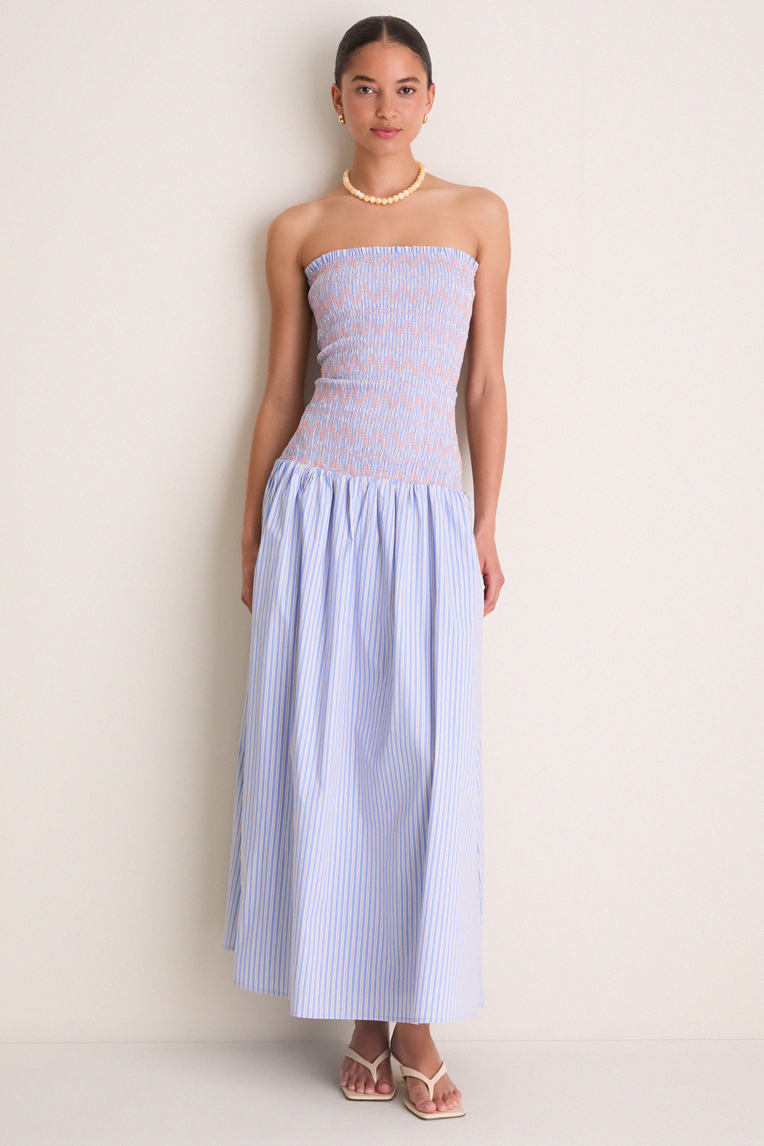 knee length dresses for ladies Cobalt Blue and White Boho Embroidered Smocked Midi Dress S main image 1