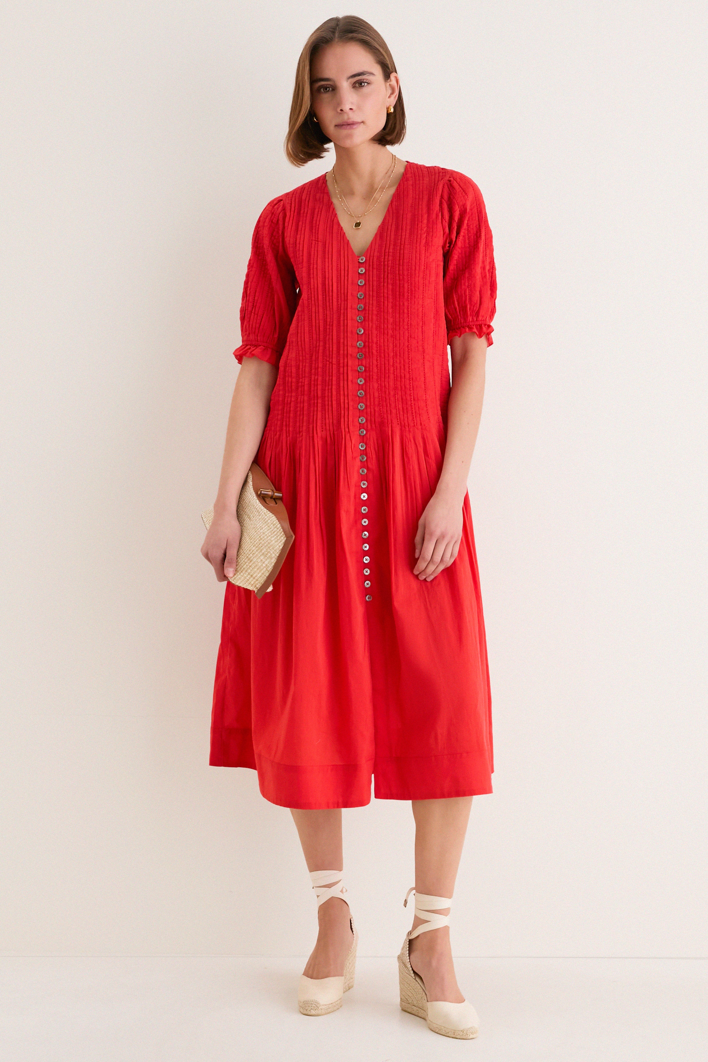 Red Alberte Solid Puff Sleeve Dress