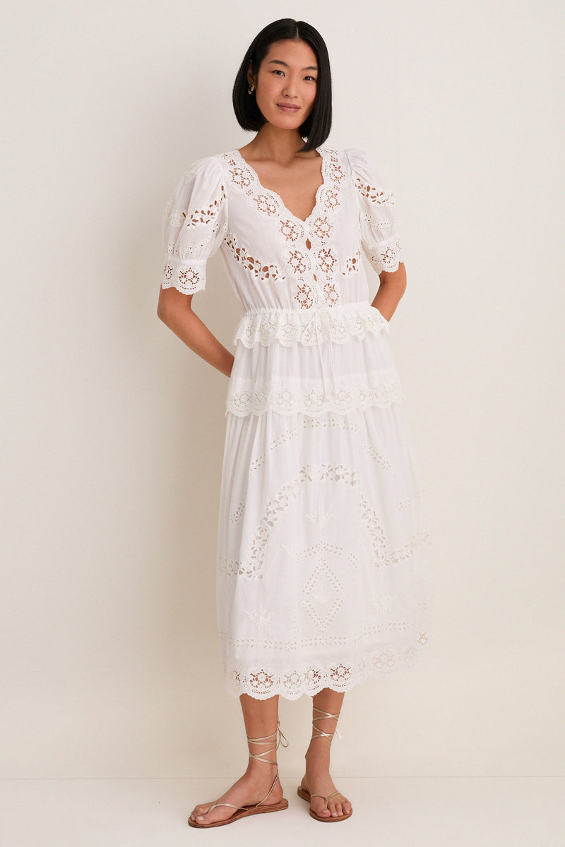 Cream Sofia Embroidery Puff Sleeve Dress