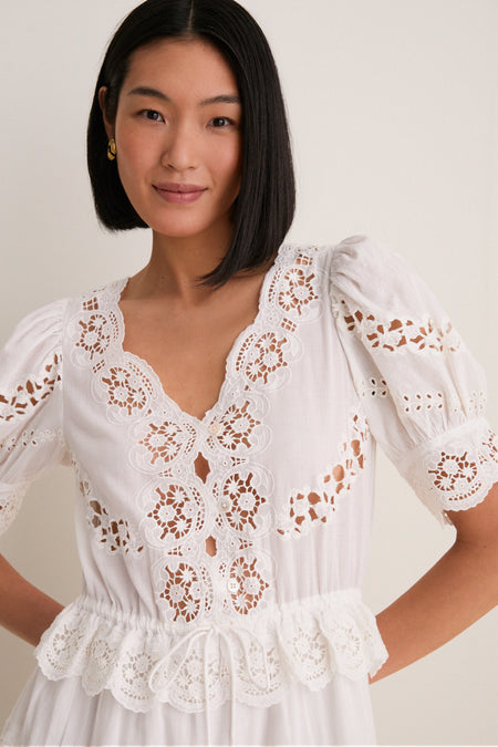 Cream Sofia Embroidery Puff Sleeve Dress