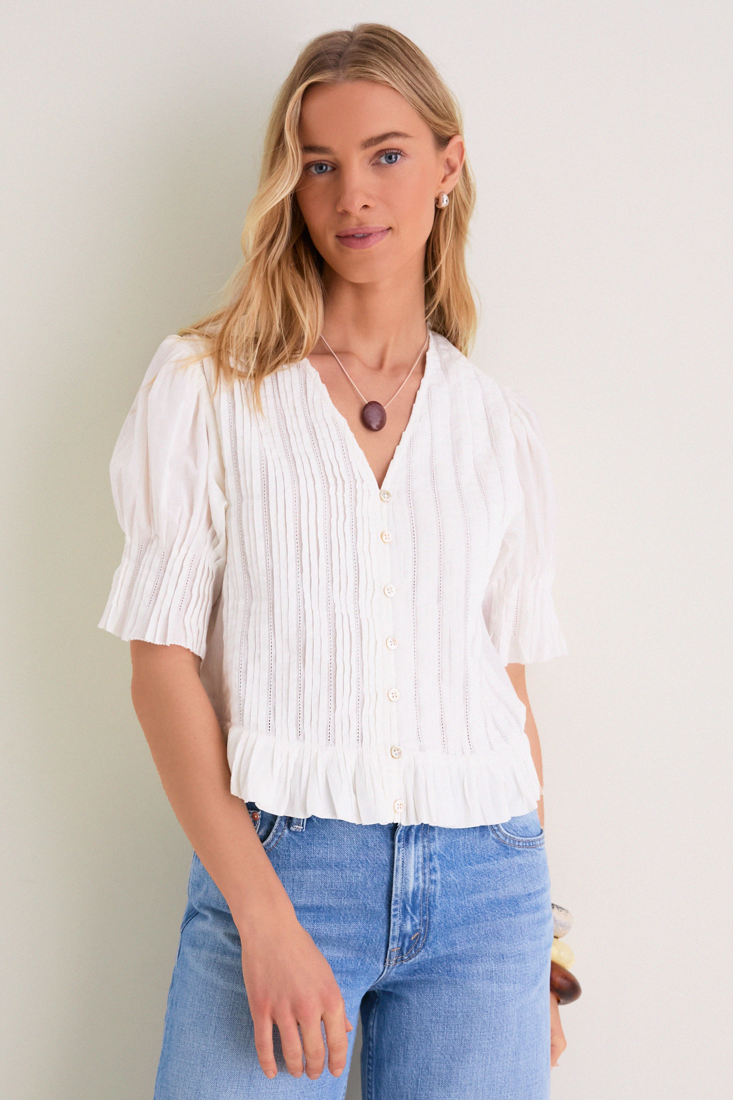 White Alberte Solid Bubble Sleeve Blouse | Sea New York