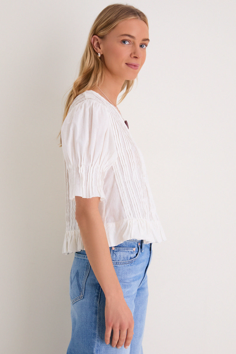 White Alberte Solid Bubble Sleeve Blouse