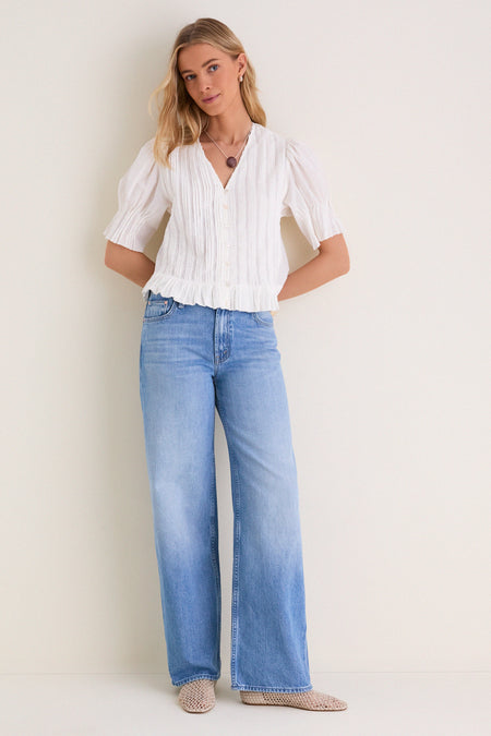 White Alberte Solid Bubble Sleeve Blouse