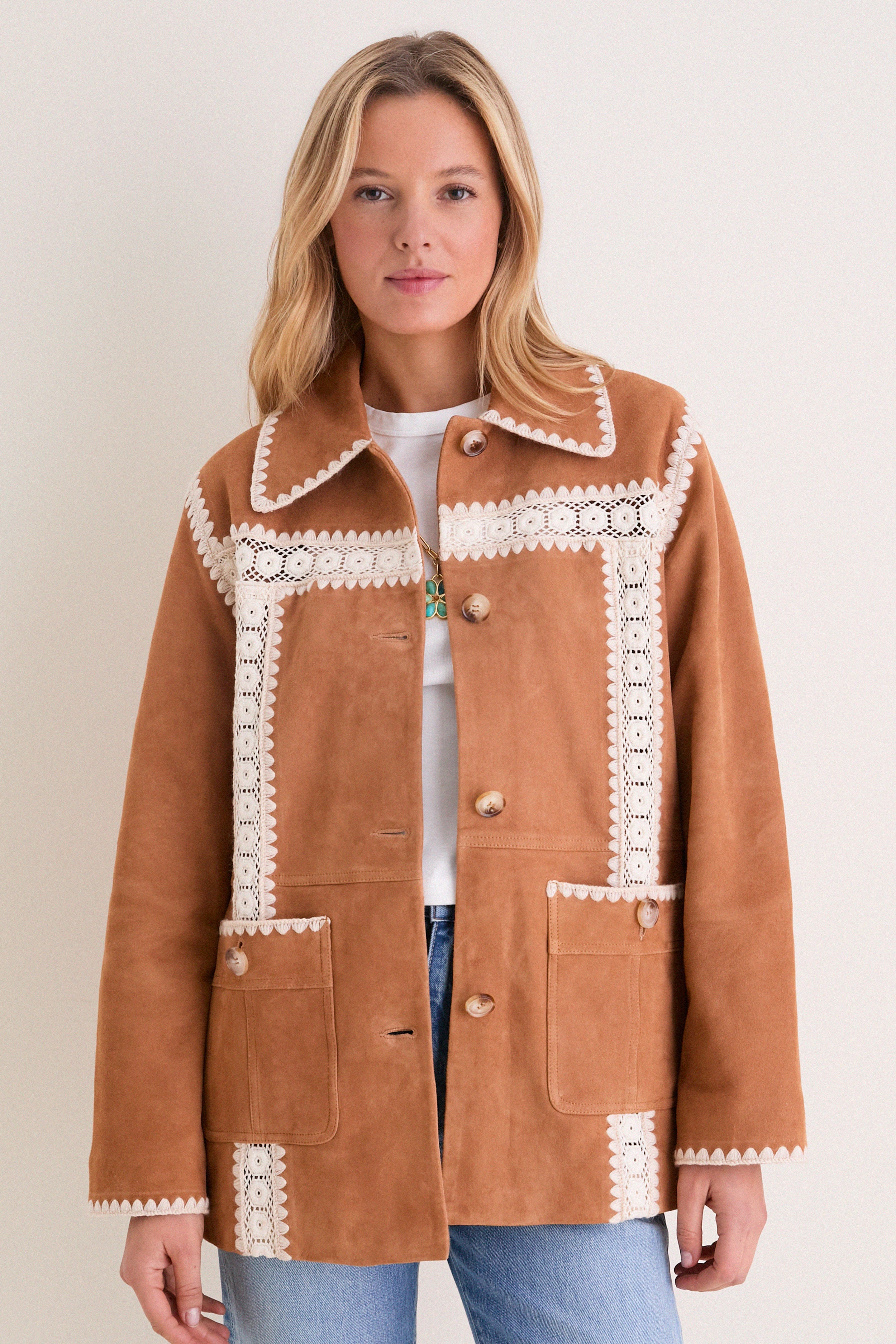 Camel Irena Suede Jacket with Crochet | Sea New York