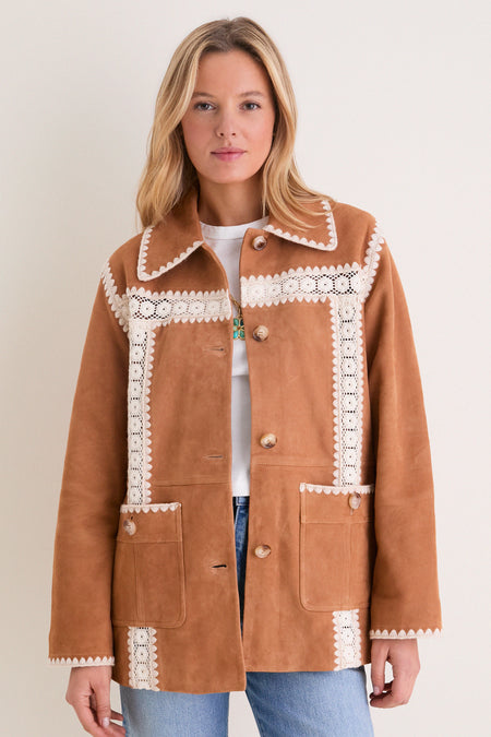 Camel Irena Suede Jacket with Crochet