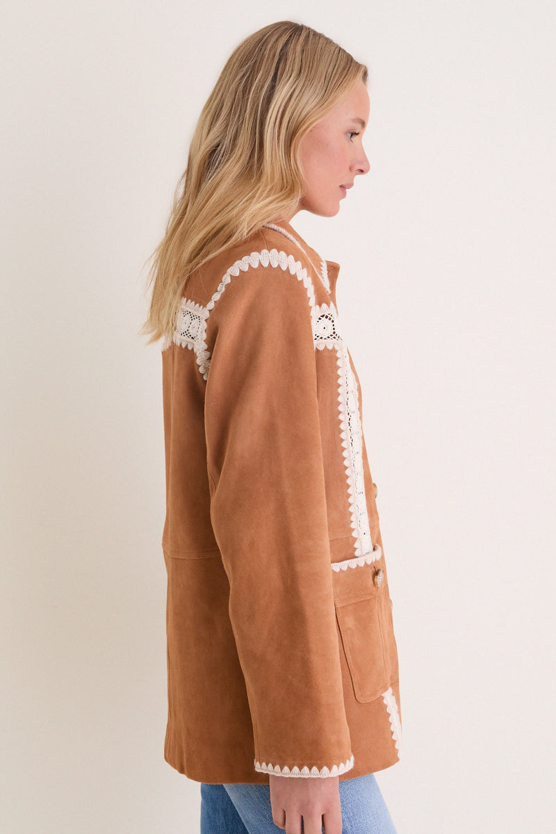 Camel Irena Suede Jacket with Crochet
