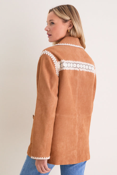 Camel Irena Suede Jacket with Crochet