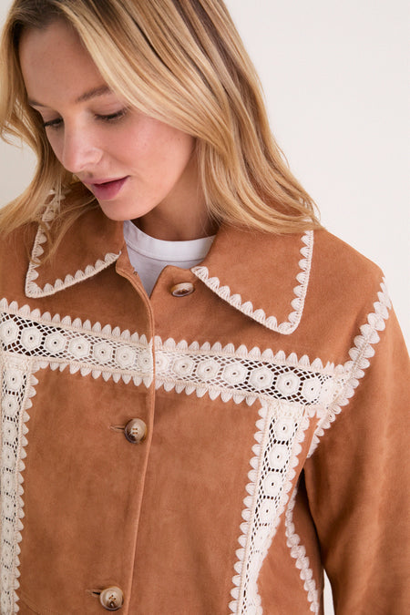 Camel Irena Suede Jacket with Crochet