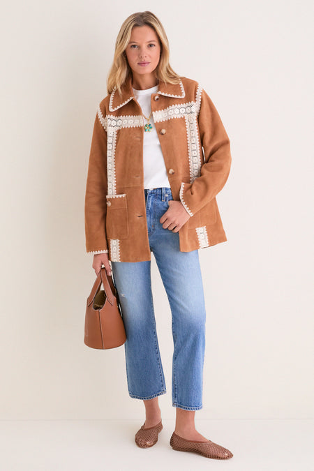 Camel Irena Suede Jacket with Crochet
