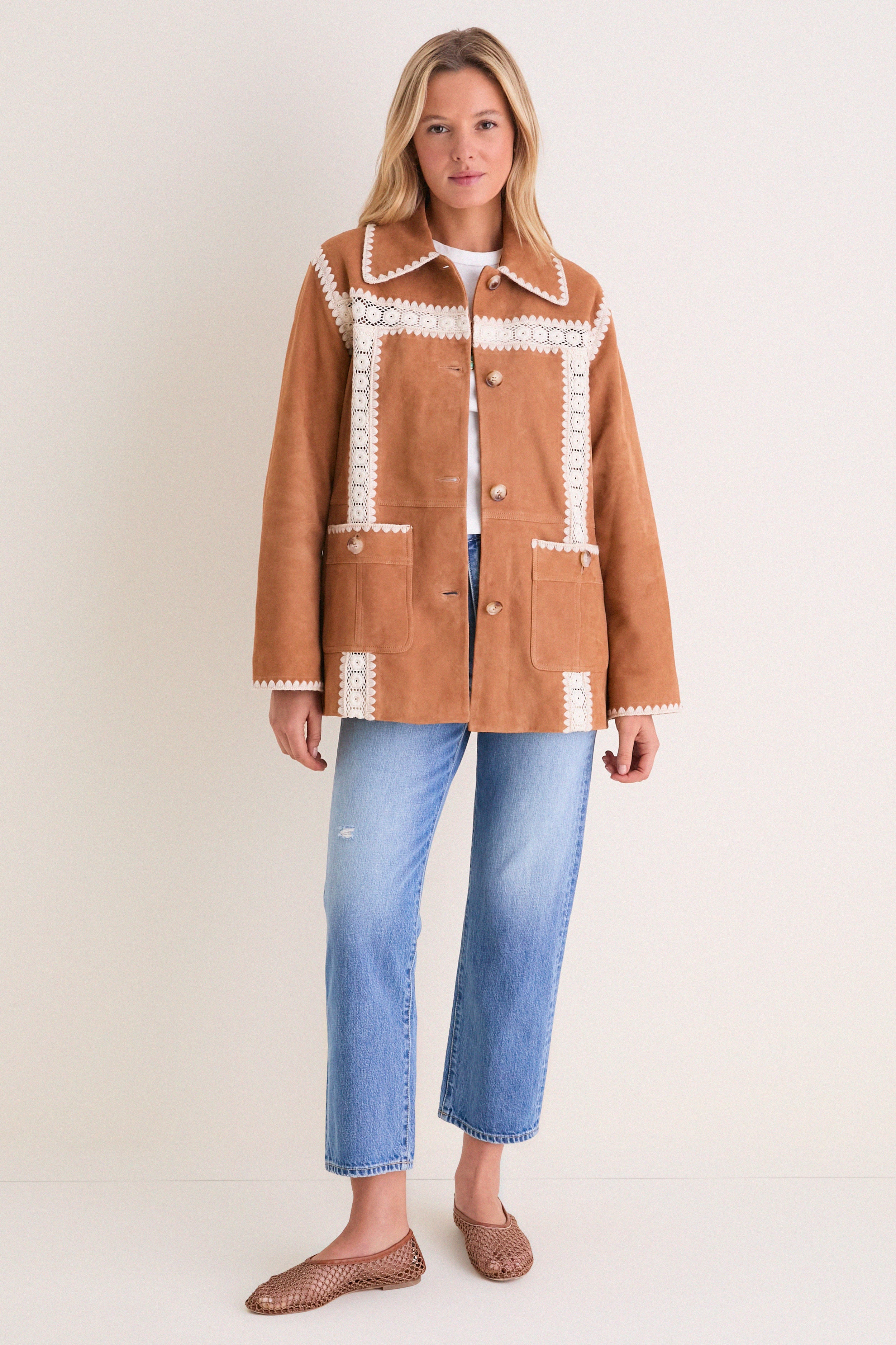 Camel Irena Suede Jacket with Crochet | Sea New York