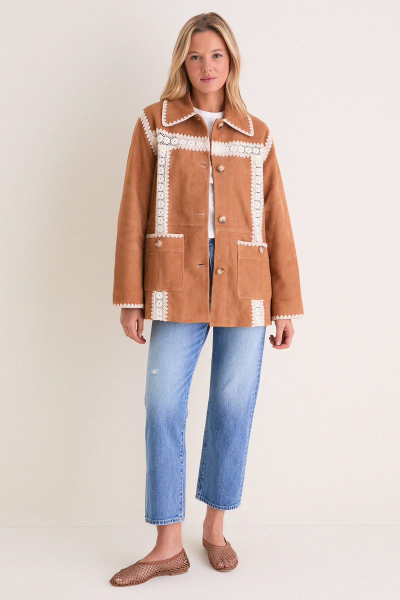 Camel Irena Suede Jacket with Crochet