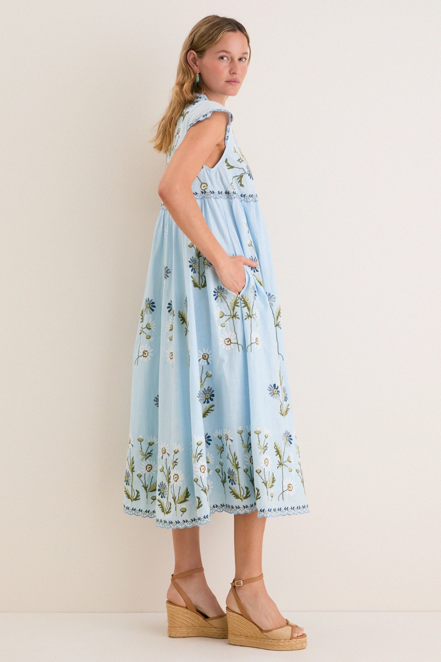 Blue Audra Embroidery Midi Dress