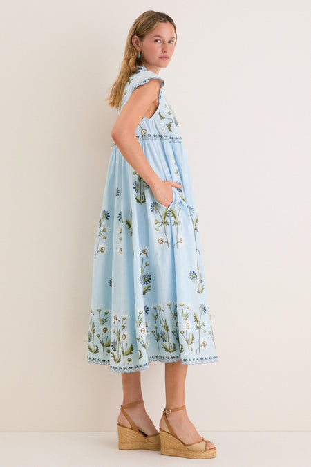 Blue Audra Embroidery Midi Dress