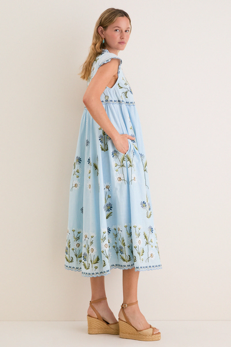 Blue Audra Embroidery Midi Dress