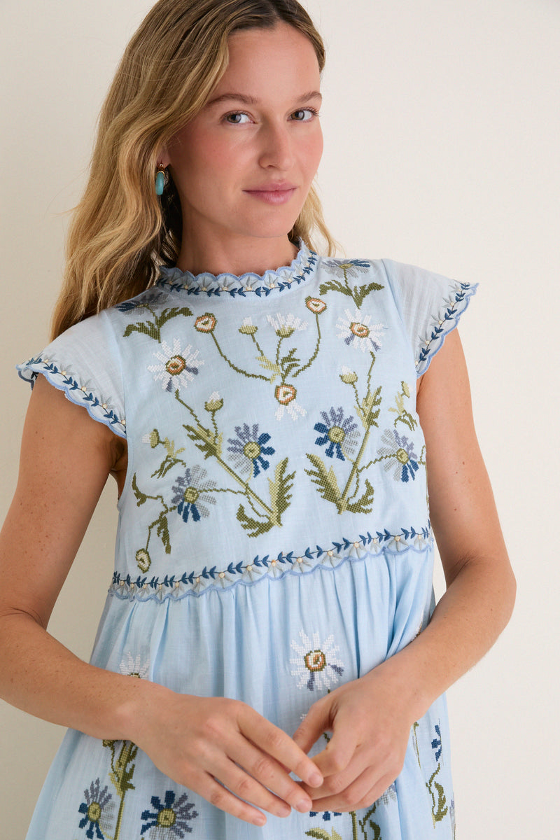 Blue Audra Embroidery Midi Dress