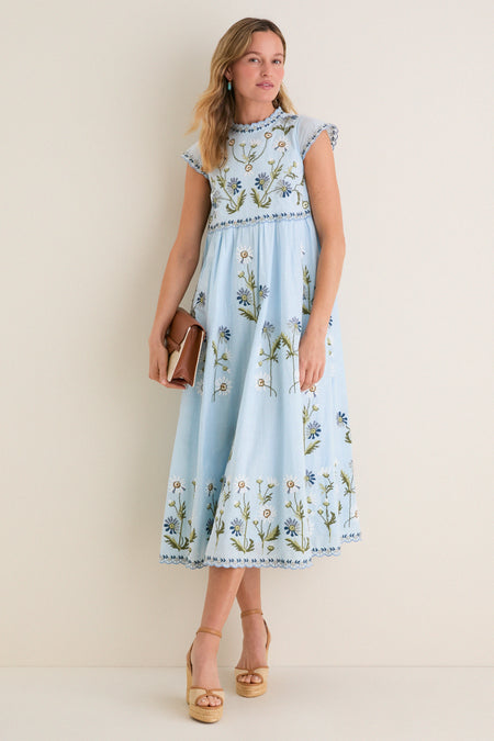 Blue Audra Embroidery Midi Dress