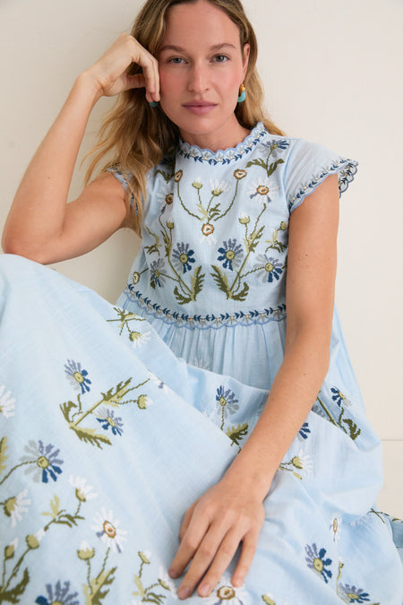 Blue Audra Embroidery Midi Dress