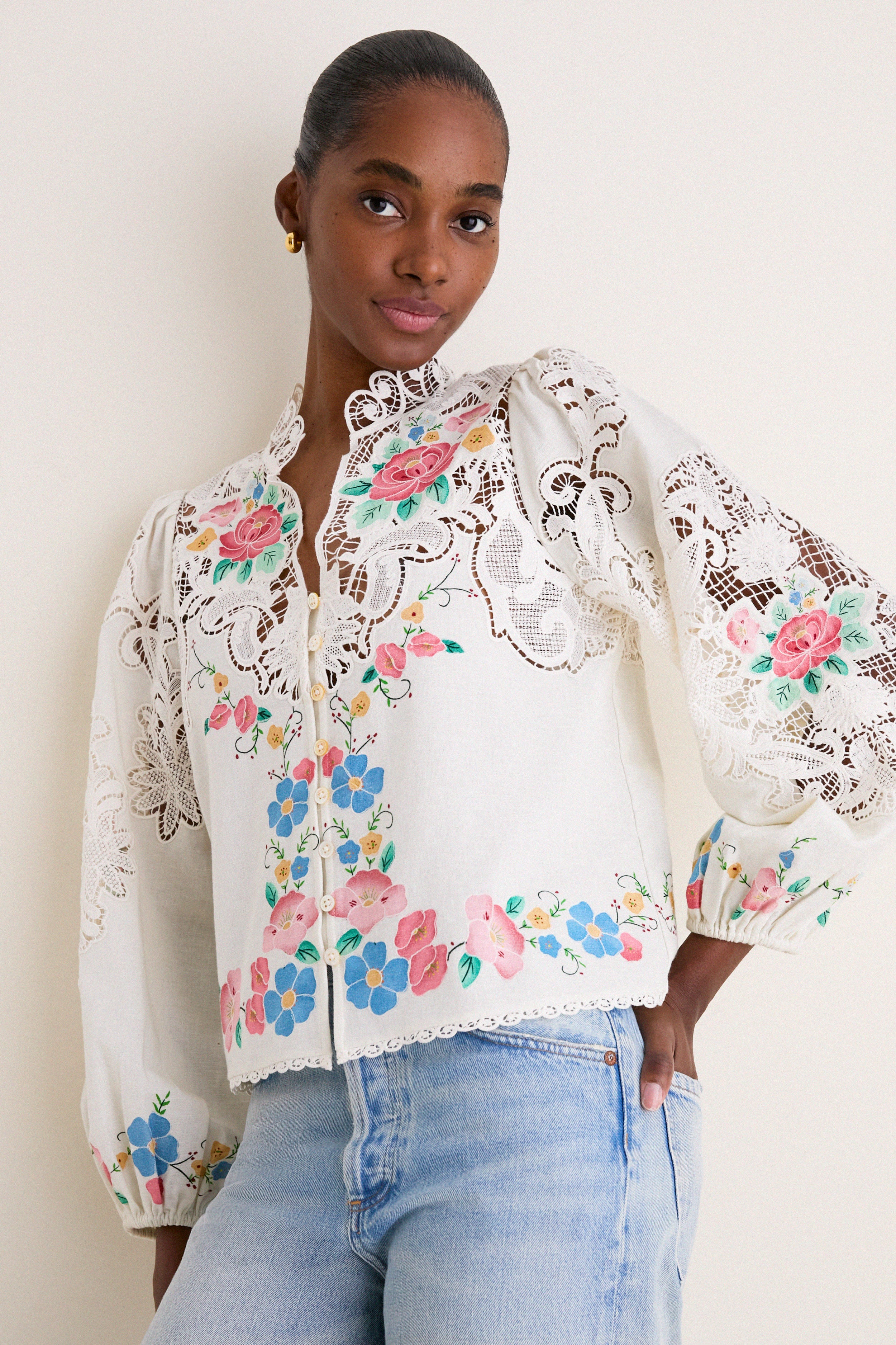 Multi Astrid Embroidery Long Sleeve Blouse | Sea New York