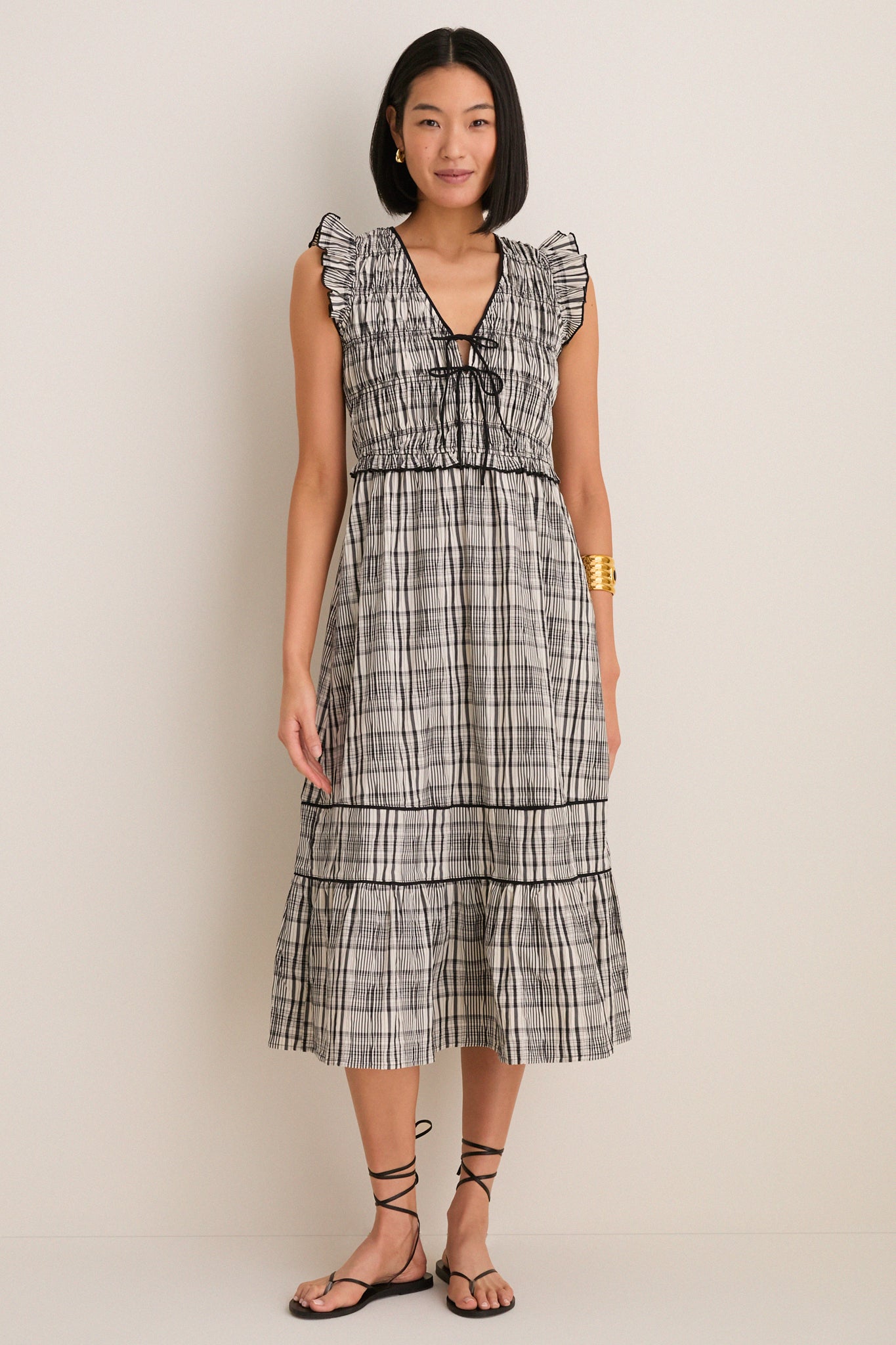 Black and Ivory Plaid Lacey Smocked Tie Front Midi Dress