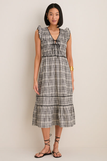 Black and Ivory Plaid Lacey Smocked Tie Front Midi Dress
