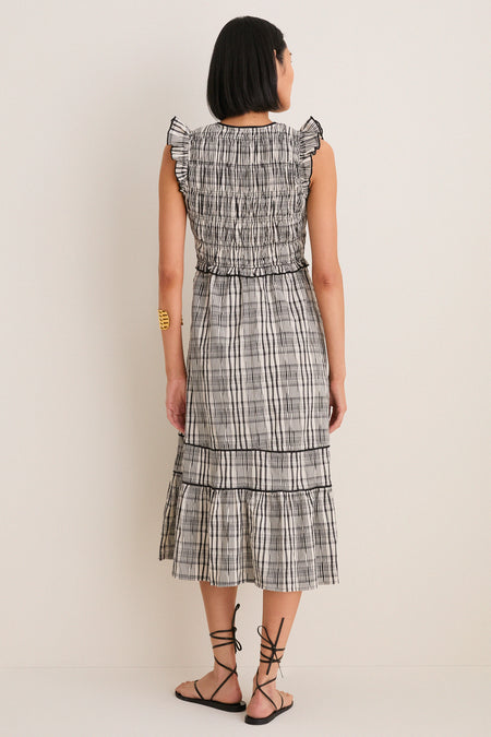Black and Ivory Plaid Lacey Smocked Tie Front Midi Dress