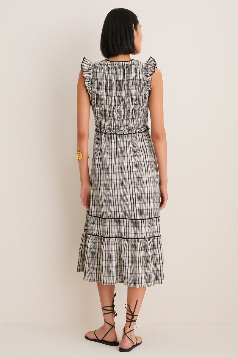 Black and Ivory Plaid Lacey Smocked Tie Front Midi Dress