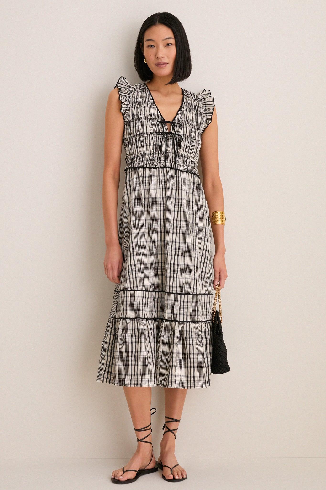 Black and Ivory Plaid Lacey Smocked Tie Front Midi Dress | Greylin