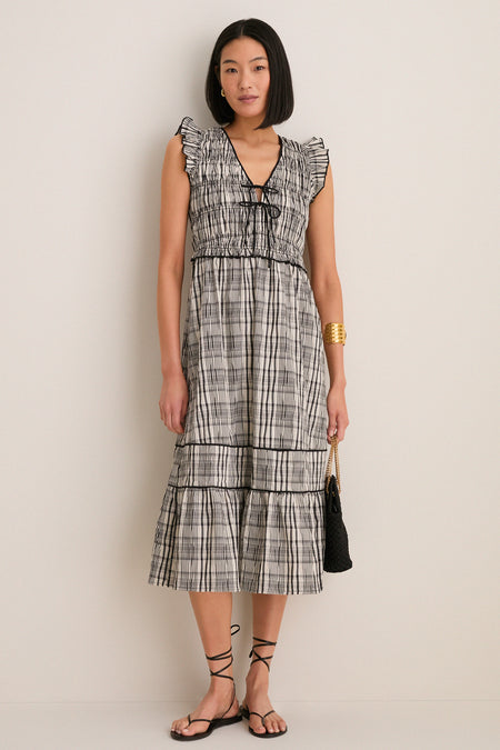 Black and Ivory Plaid Lacey Smocked Tie Front Midi Dress