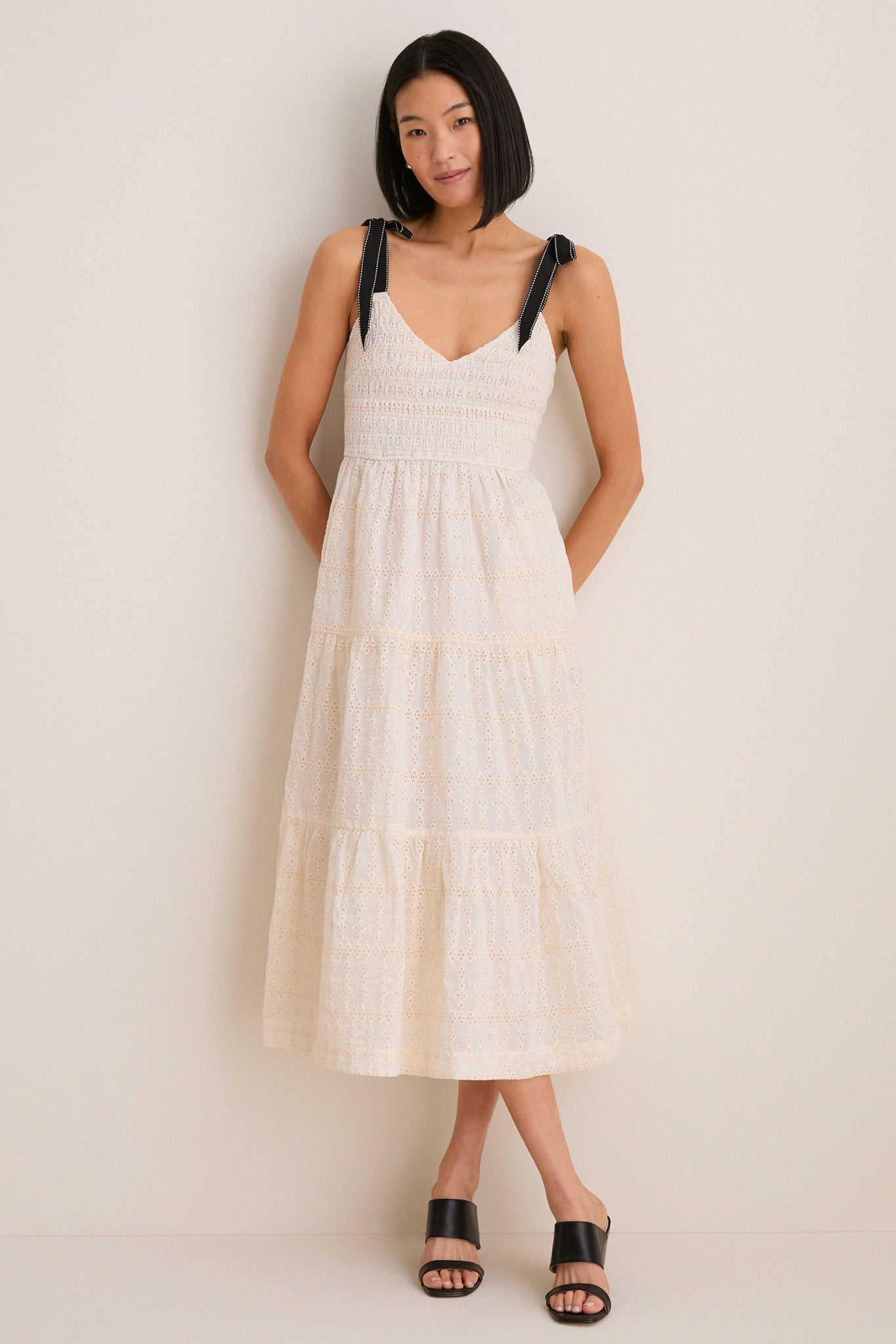 Cream Jayla Embroidery Eyelet Smocked Midi Dress