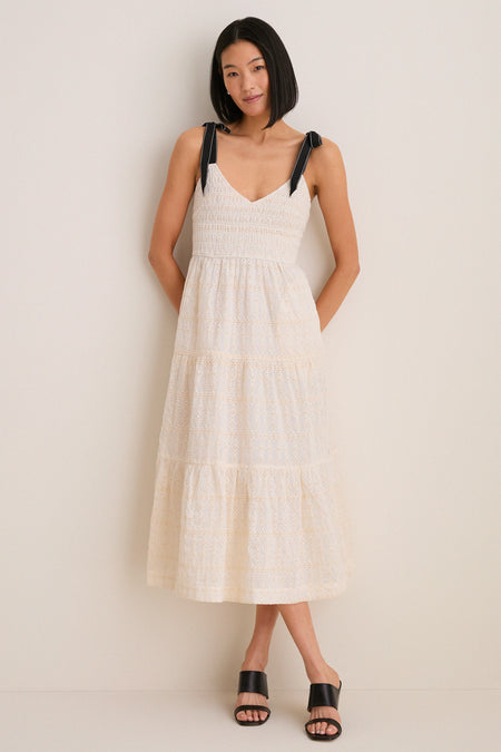 Cream Jayla Embroidery Eyelet Smocked Midi Dress