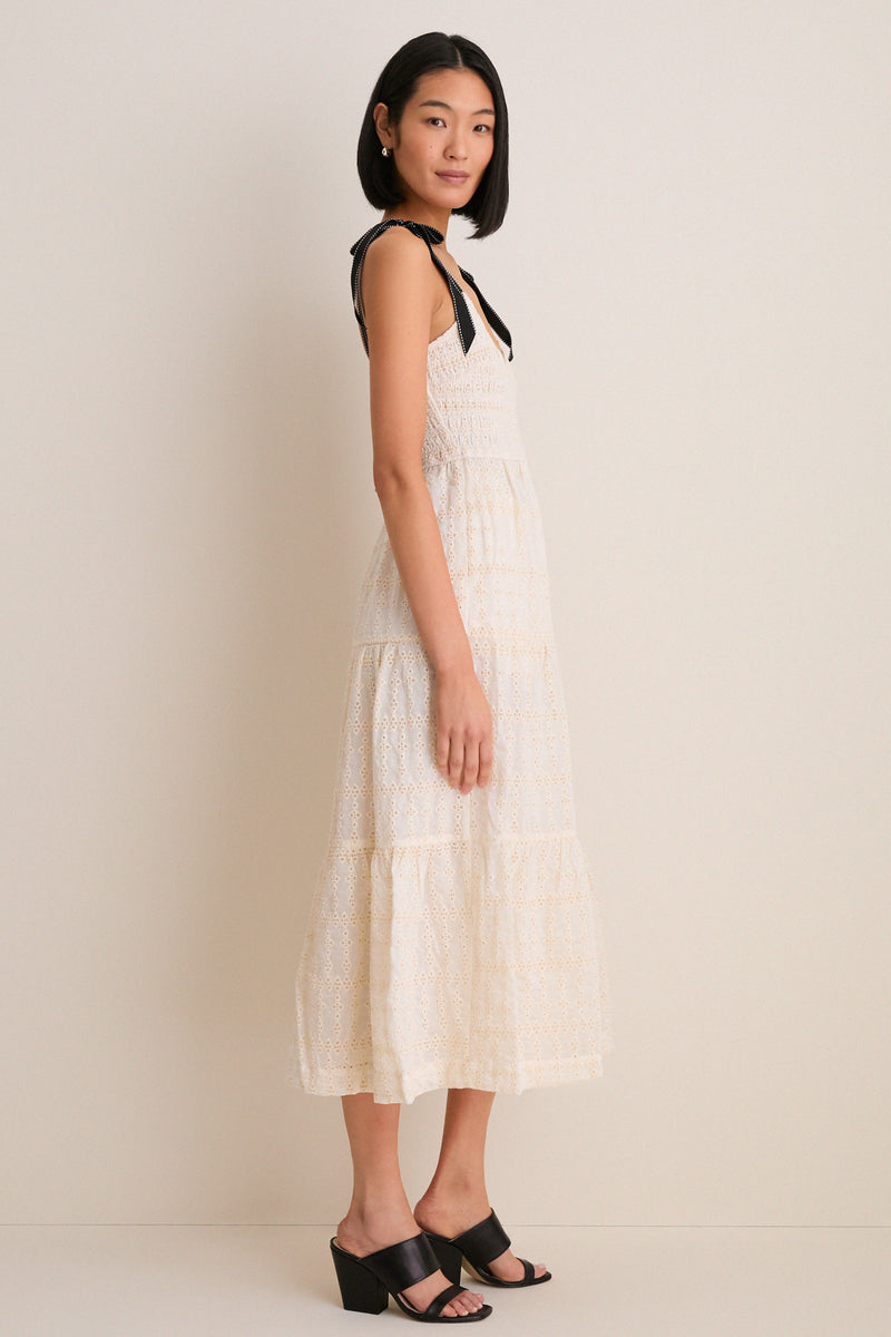 Cream Jayla Embroidery Eyelet Smocked Midi Dress