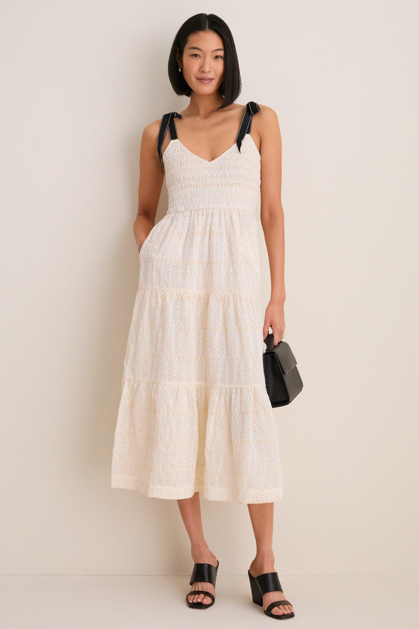 midi cream dress Greylin Cream Jayla Embroidery Eyelet Smocked Midi Dress Cream / S