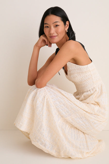 Cream Jayla Embroidery Eyelet Smocked Midi Dress