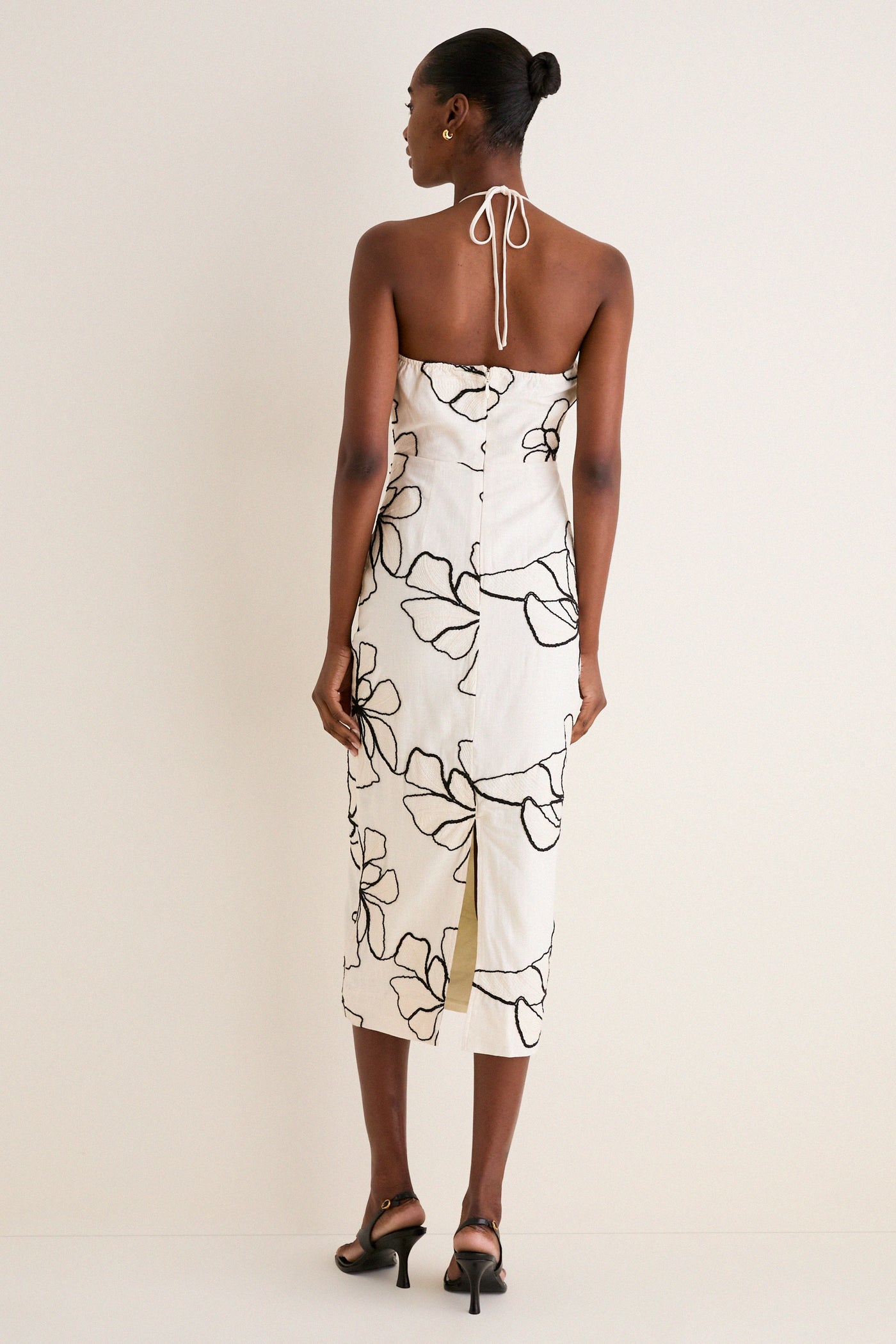 Ivory and Black Floral Embroidered Josie Halter Midi Dress