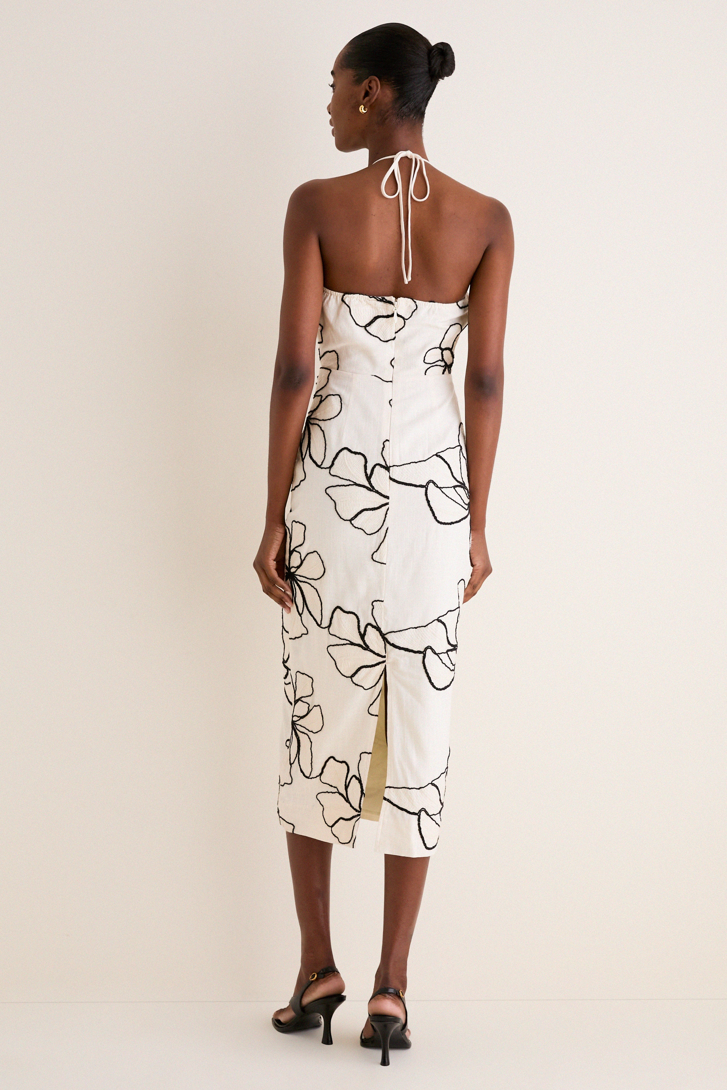 Ivory and Black Floral Embroidered Josie Halter Midi Dress