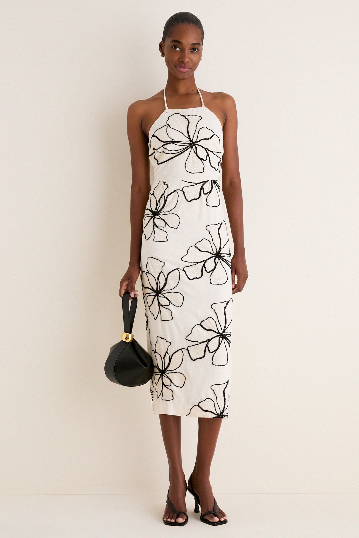 Ivory and Black Floral Embroidered Josie Halter Midi Dress