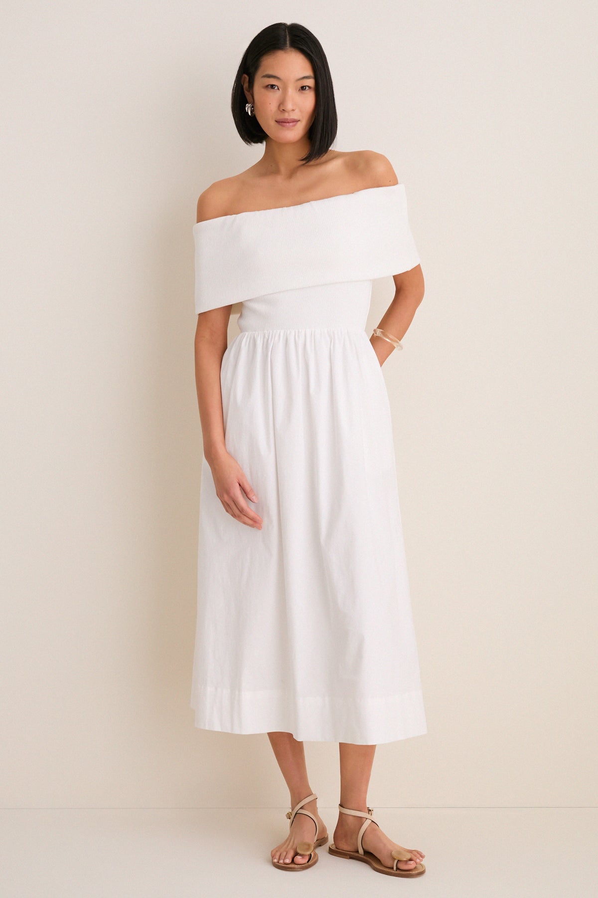 White Marjorie Mixed Media Off The Shoulder Midi Dress | Greylin White Marjorie Mixed Media Off The Shoulder Midi Dress | Greylin