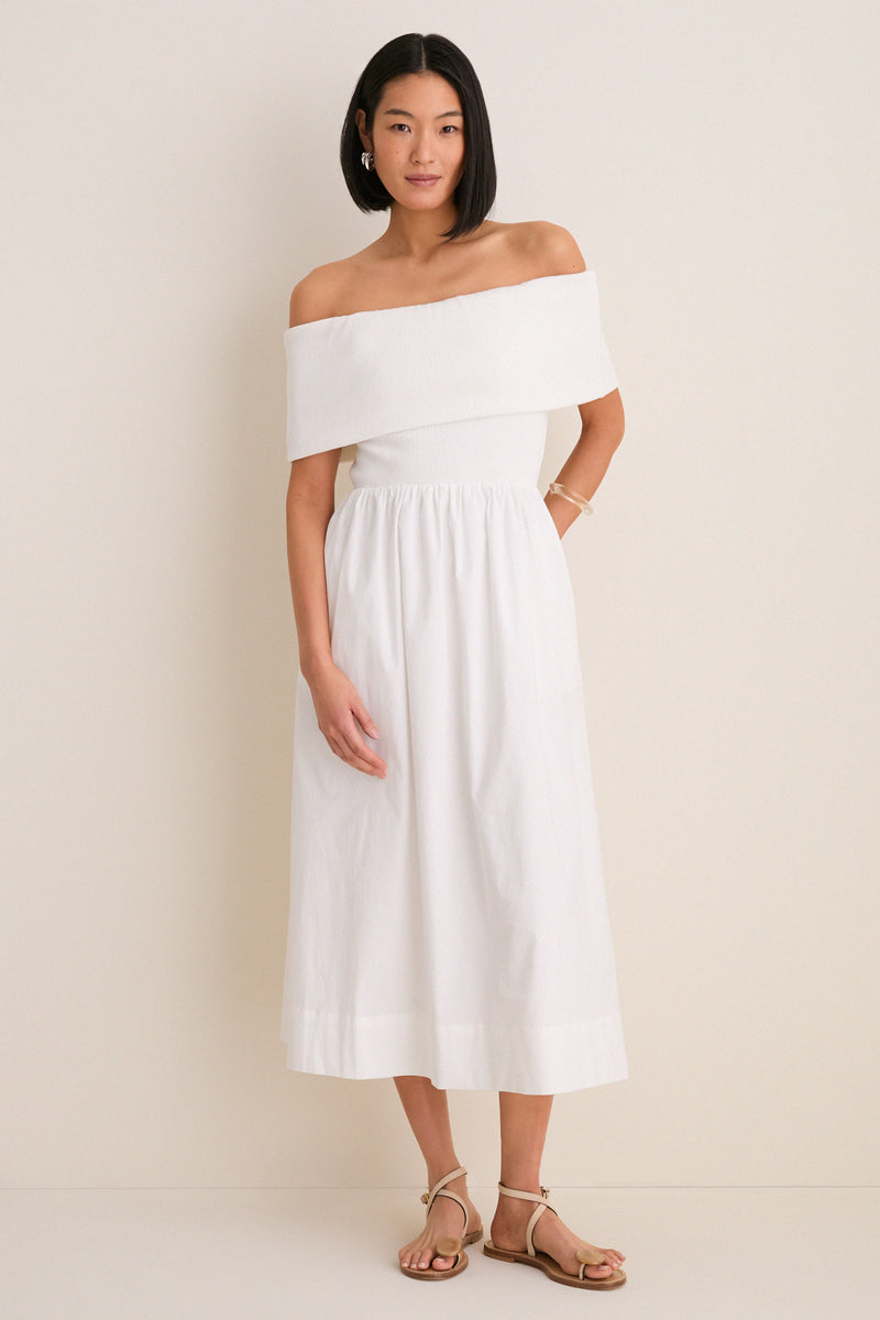 White Marjorie Mixed Media Off The Shoulder Midi Dress