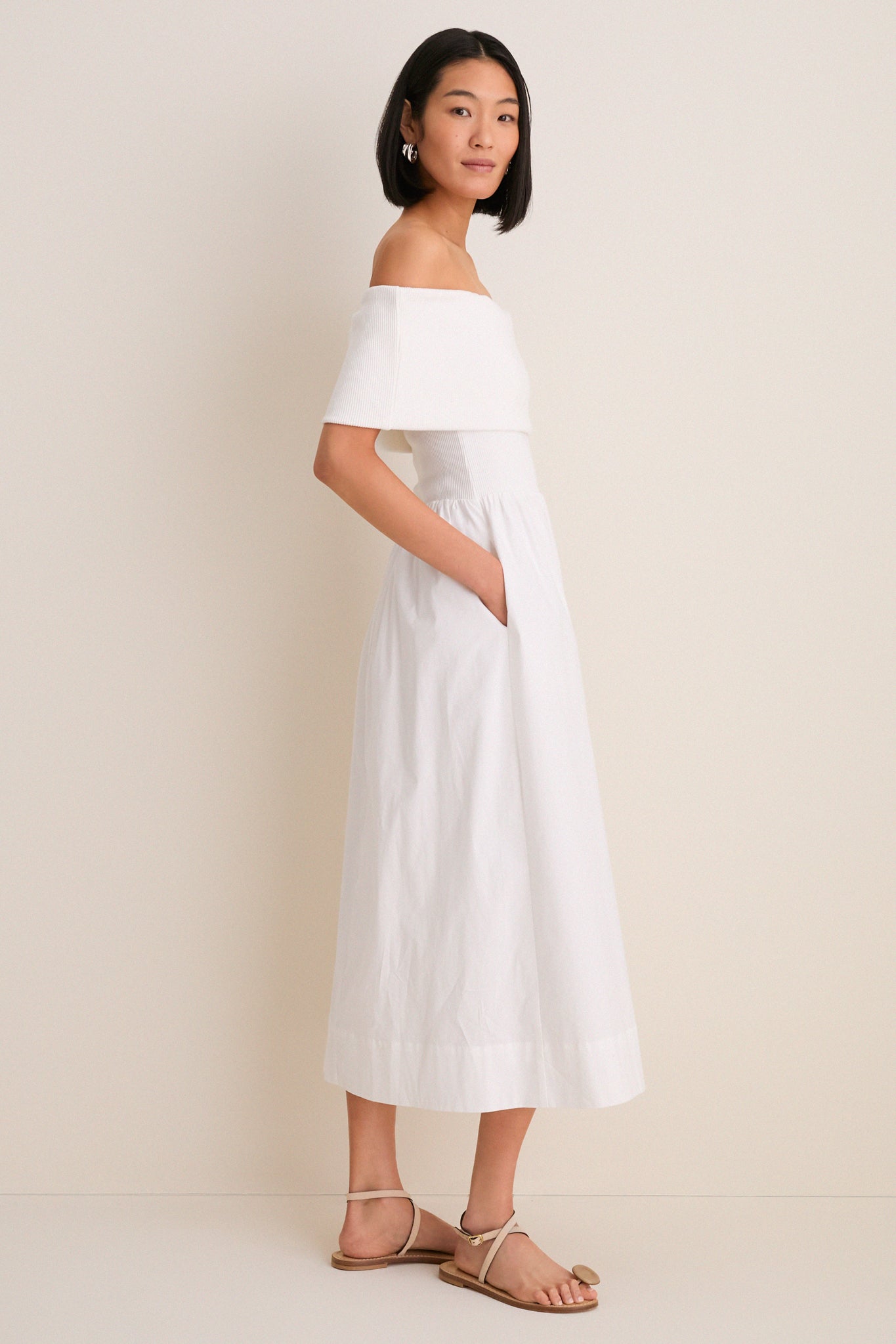 White Marjorie Mixed Media Off The Shoulder Midi Dress