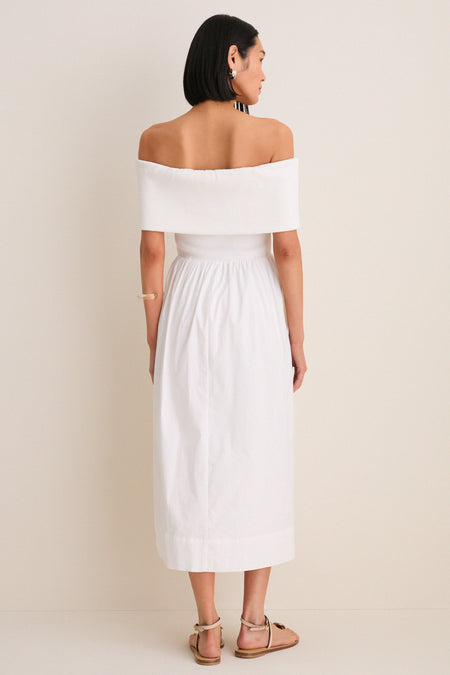 White Marjorie Mixed Media Off The Shoulder Midi Dress
