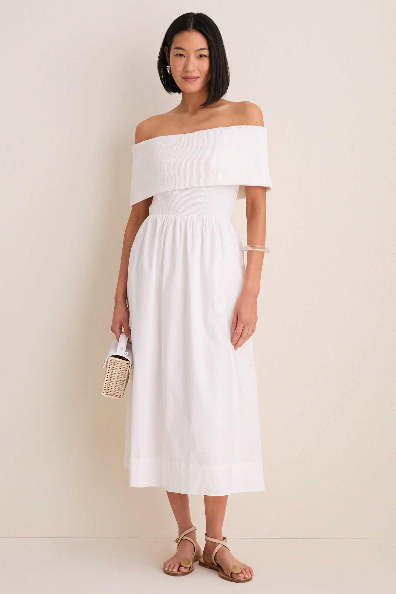 White Marjorie Mixed Media Off The Shoulder Midi Dress | Greylin White Marjorie Mixed Media Off The Shoulder Midi Dress | Greylin