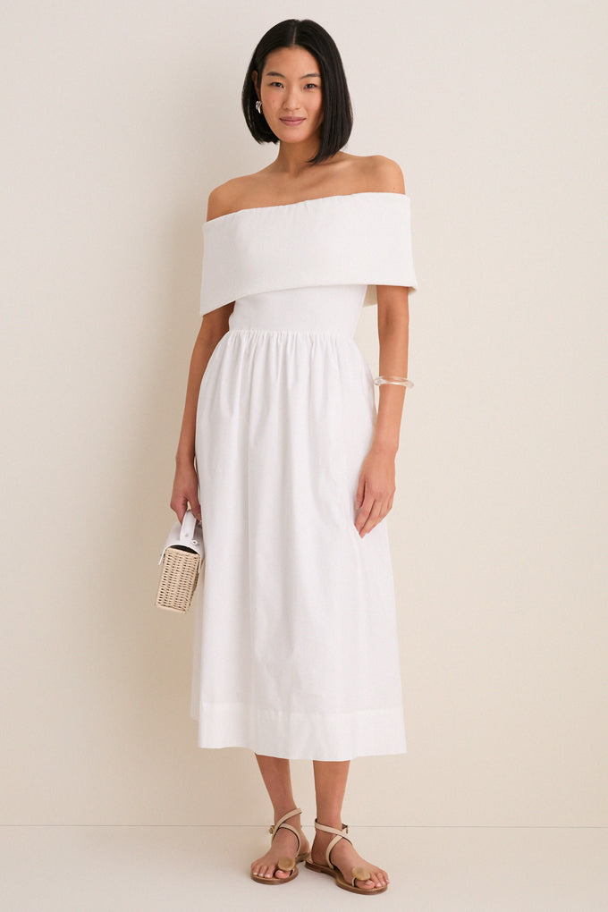 over the shoulder midi dress White Marjorie Mixed Media Off The Shoulder Midi Dress