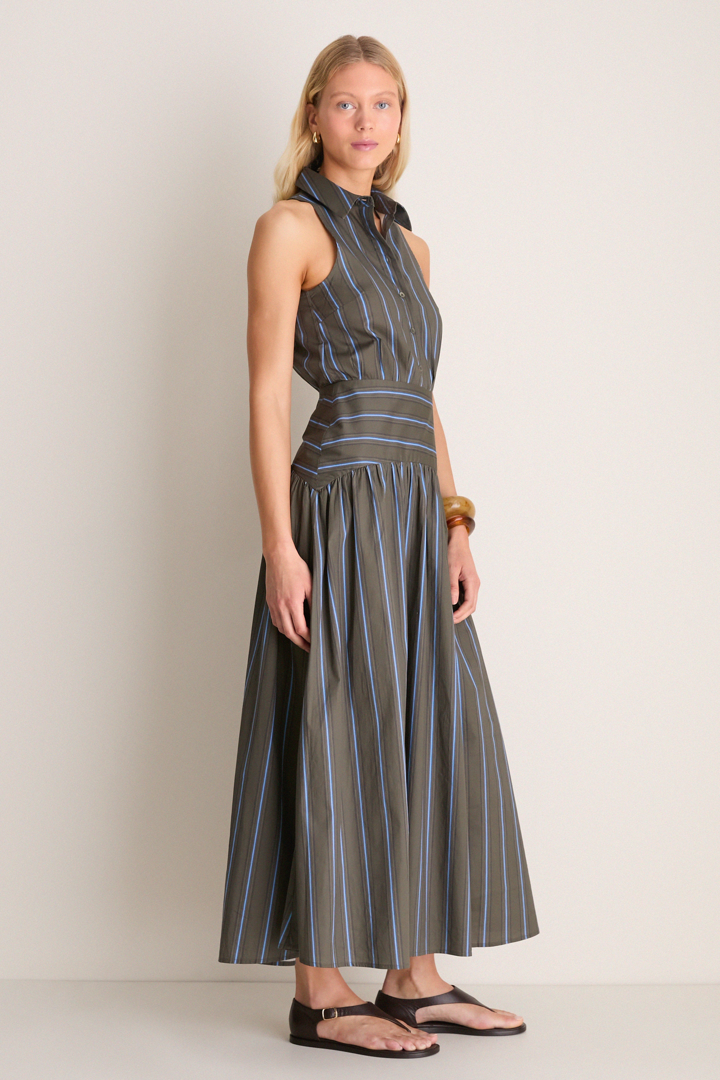 Huntington Stripe Romy Dress: A classic, sleeveless collared maxi dress with an effortless fit, featuring a button placket and curved yoke, embodying high-end fun and style.
