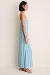 Seaport Stripe Laura Linen Dress: A classic, effortless floor-length sundress with pale blue and green stripes, square neckline, and adjustable spaghetti straps for a fun, high-end look.