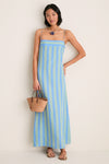 Seaport Stripe Laura Linen Dress: A classic, effortless maxi with a square neckline and adjustable straps, styled with fun accessories for a high-end, coastal vibe.