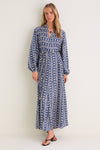 Wave Wonder Nala Maxi Dress: A classic, high-end blue maxi with effortless elegance, featuring a V-neck, long sleeves, paneled skirt, and hand-braided belt.