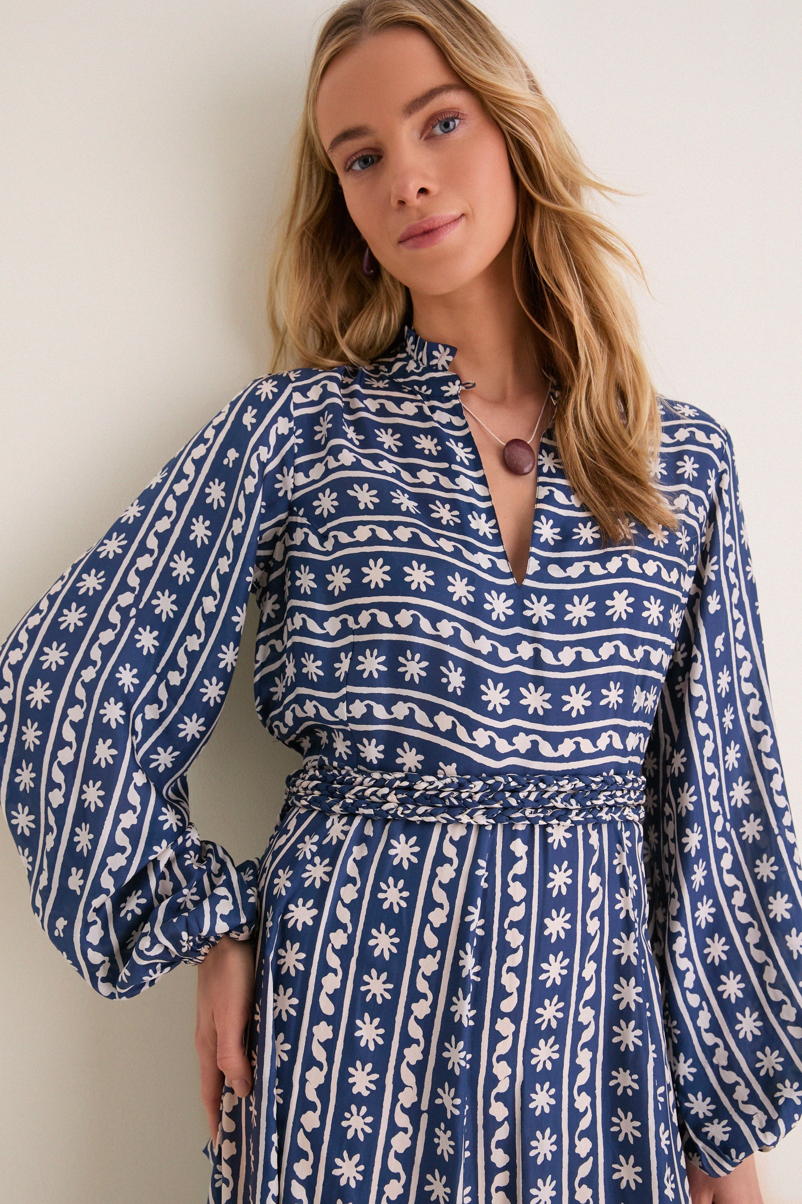 Wave Wonder Nala Maxi Dress: A classic, high-end silk dress with effortless A-line silhouette, V-neck, and braided belt, perfect for fun, elevated everyday wear.