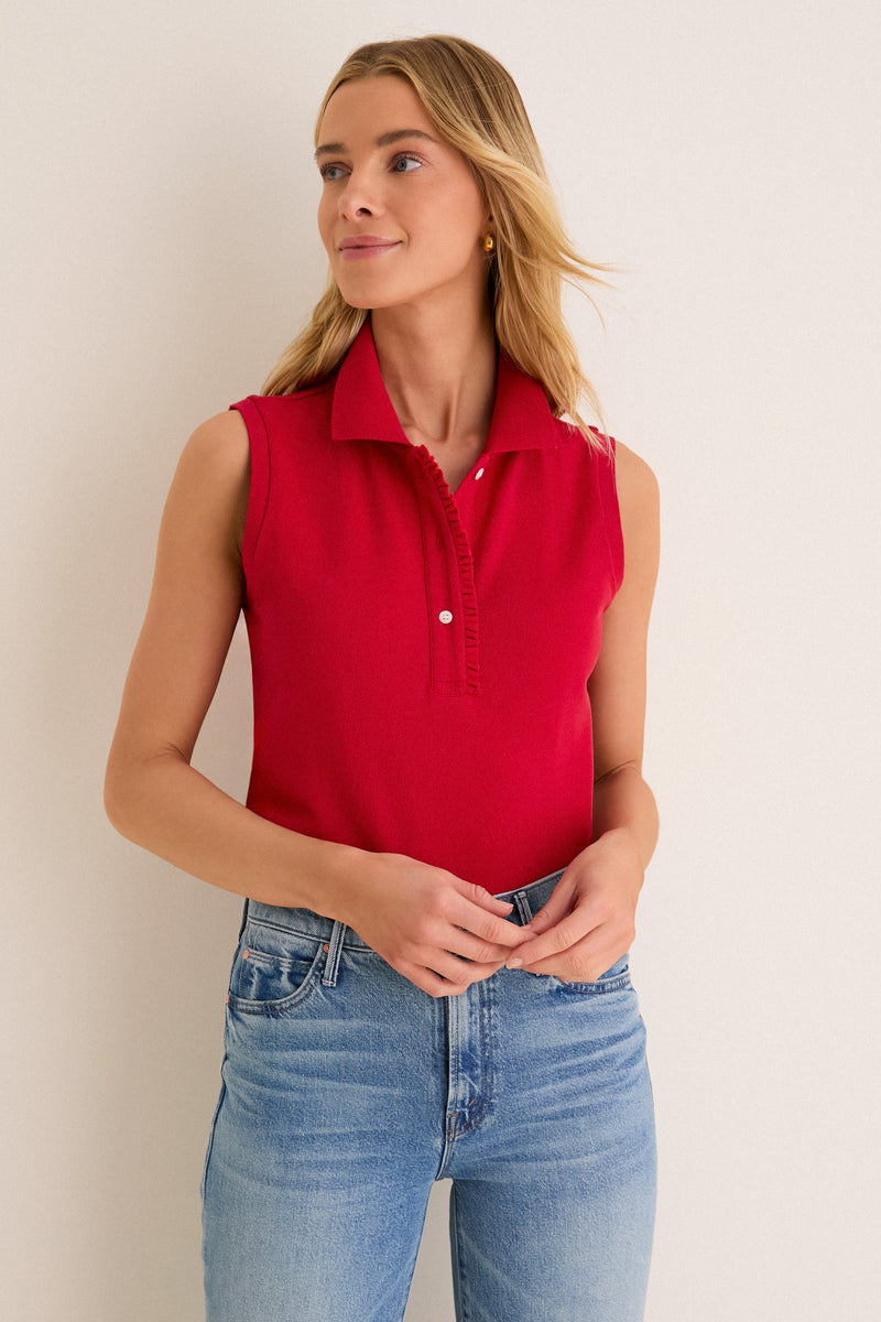 Americana Red Pique Sleeveless Ruffle Margaret Polo